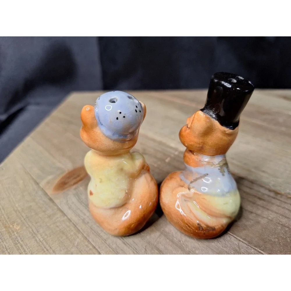 Vintage 1950s Anthropomorphic Fox Salt & Pepper Shakers Top Hat & Bonnet Set